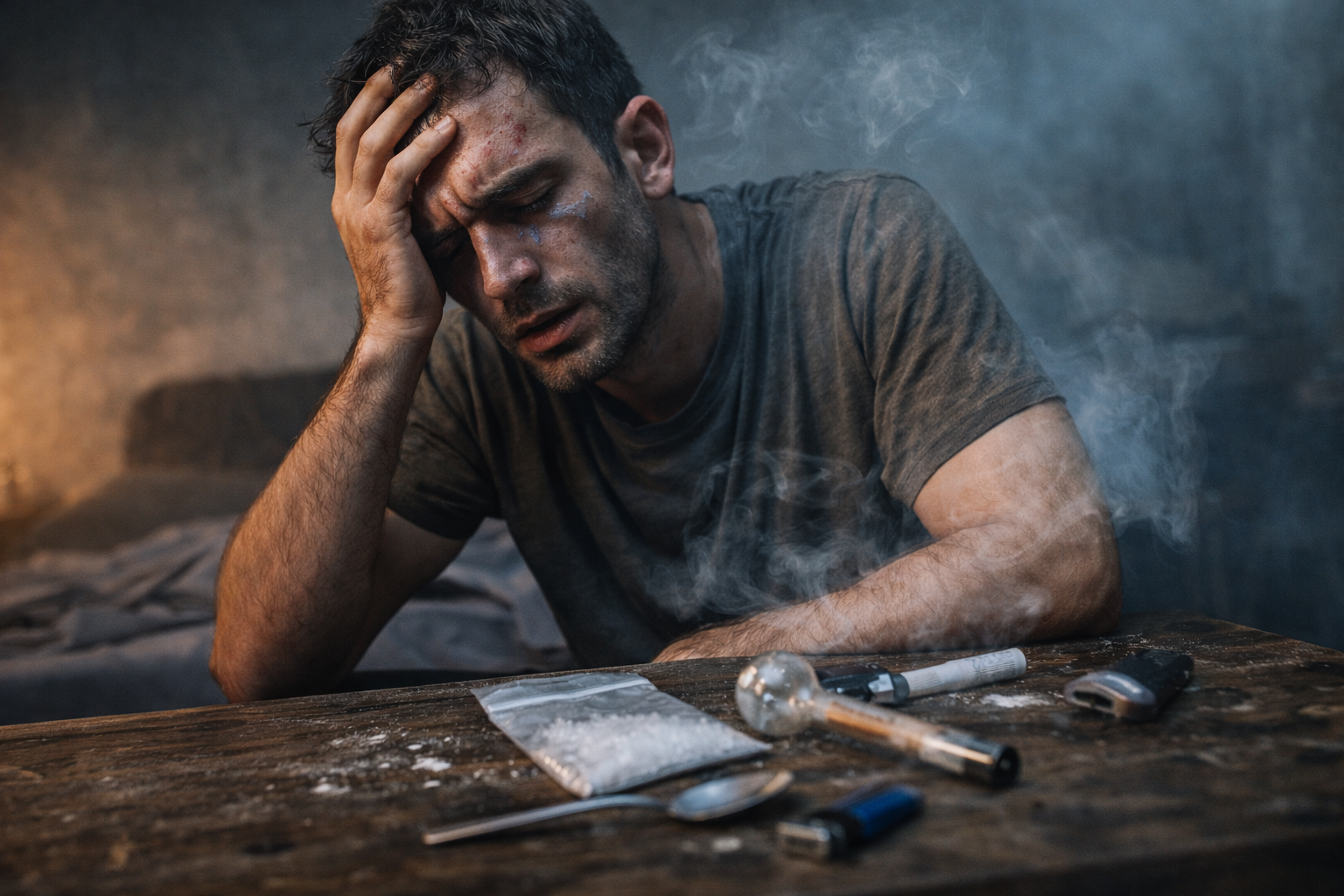صورة واقعية لشخص تبدو عليه علامات الإجهاد والاضطراب في مشهد يعكس الآثار الجسدية والنفسية الخطيرة لتعاطي الشبو.