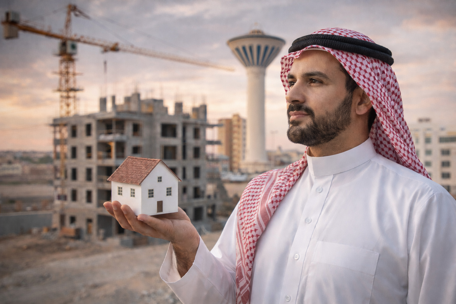 رجل سعودي يحمل مجسم منزل أمام مشروع إنشائي في مشهد واقعي يرمز إلى فرص الاستثمار العقاري في الخرج مقارنة بالمدن الأعلى سعرًا