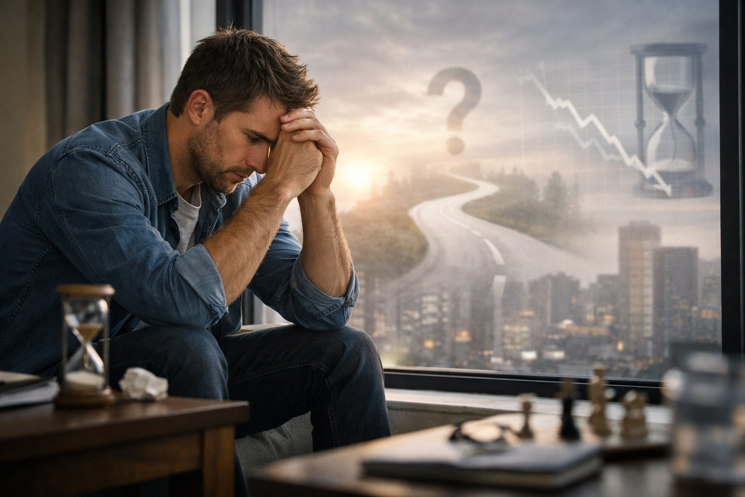 رجل يجلس قرب نافذة بتعبير قلق وتأمل في مشهد واقعي يعبّر عن القلق من المستقبل والضغوط الذهنية والتفكير الزائد