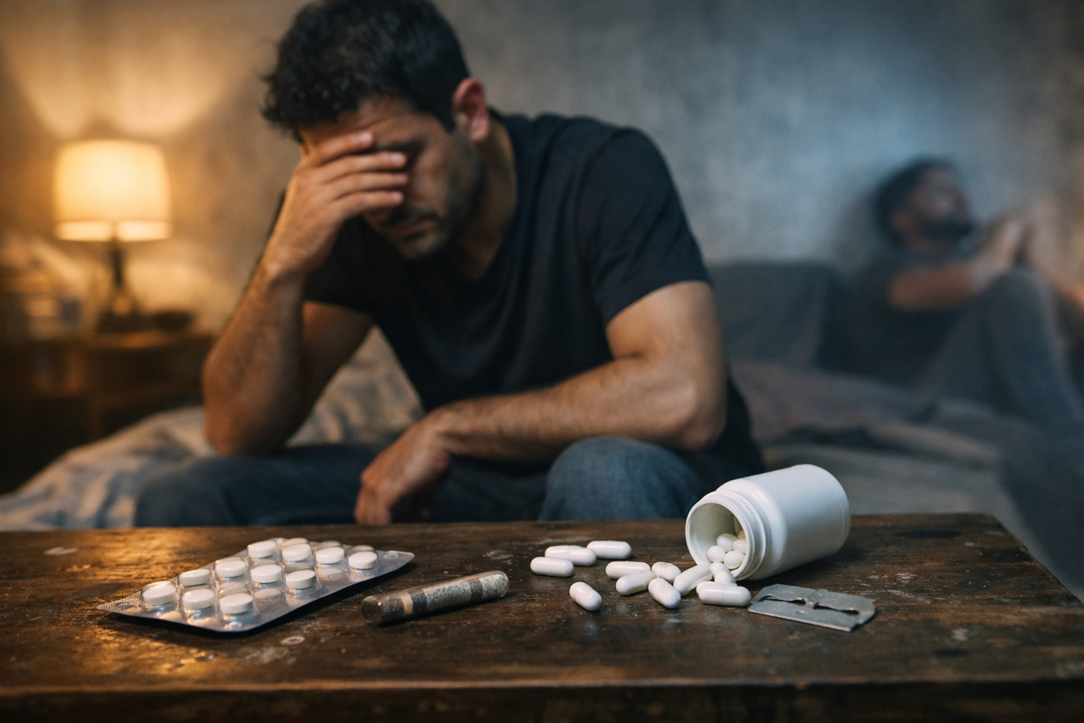مشهد واقعي لشخص يبدو عليه الإرهاق والاضطراب أمام حبوب دوائية في أجواء قاتمة تعكس خطر تعاطي الترامادول خارج الاستخدام الطبي.