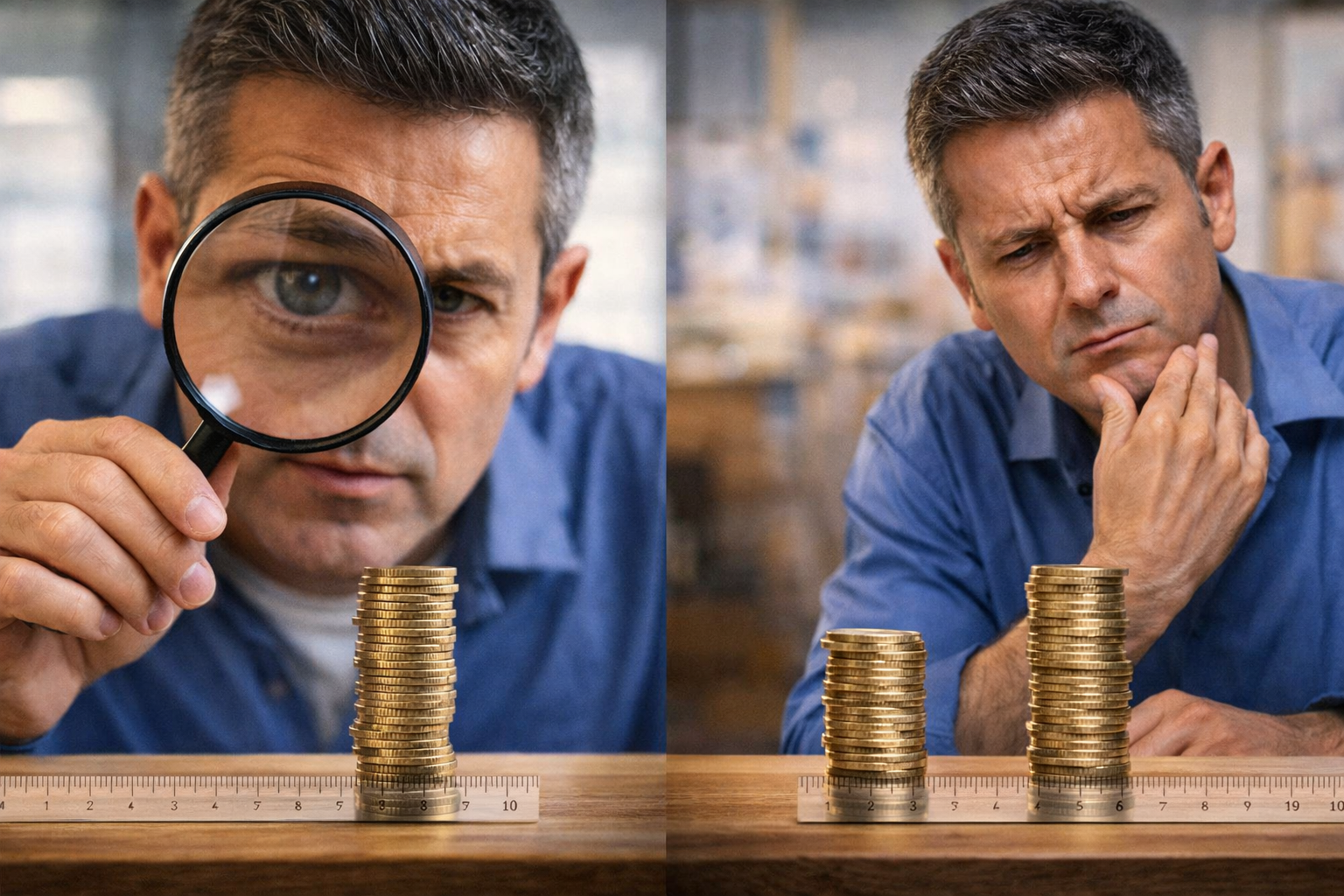 صورة واقعية لرجل يفحص مشهدًا بخداع بصري باستخدام عدسة مكبرة بينما تبدو الأحجام مختلفة وتؤثر في تقدير القرار