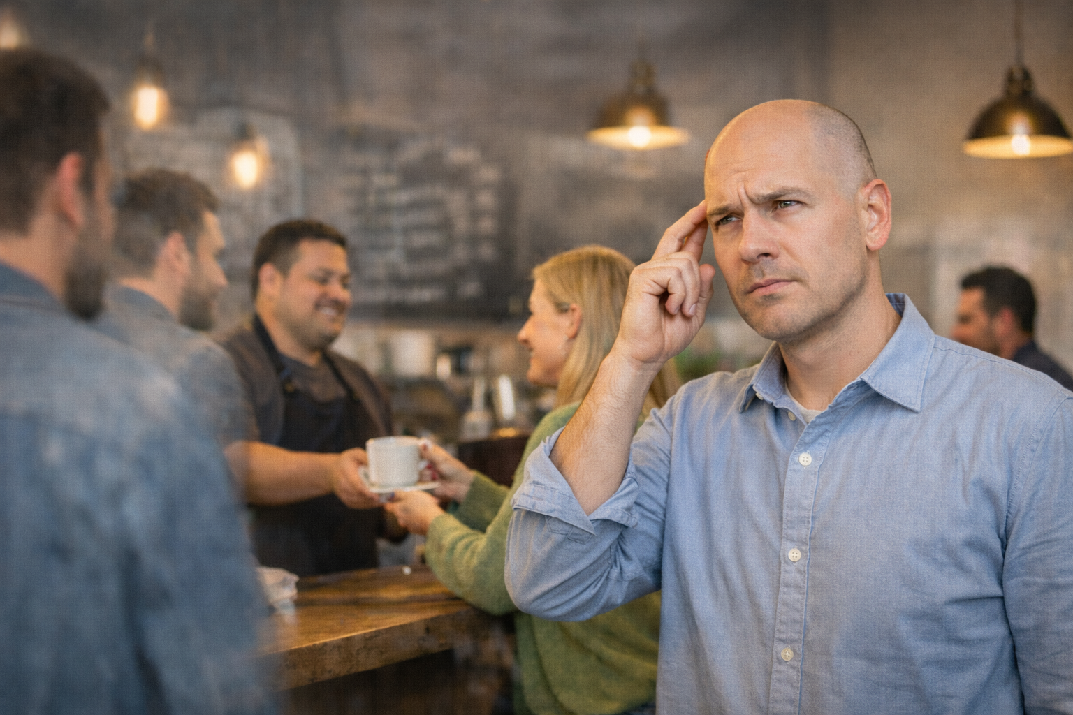 رجل يقف في مقهى بتعبير حائر ولمسة على الرأس في مشهد واقعي يرمز إلى الشعور بظاهرة ديجا فو وتكرار الموقف