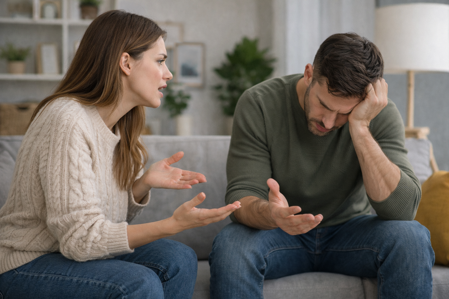 رجل يبدو عليه الانزعاج والضغط النفسي أثناء جلوسه مع شريكة تتحدث بانفعال في مشهد واقعي يعكس تجاوز الحدود داخل العلاقة