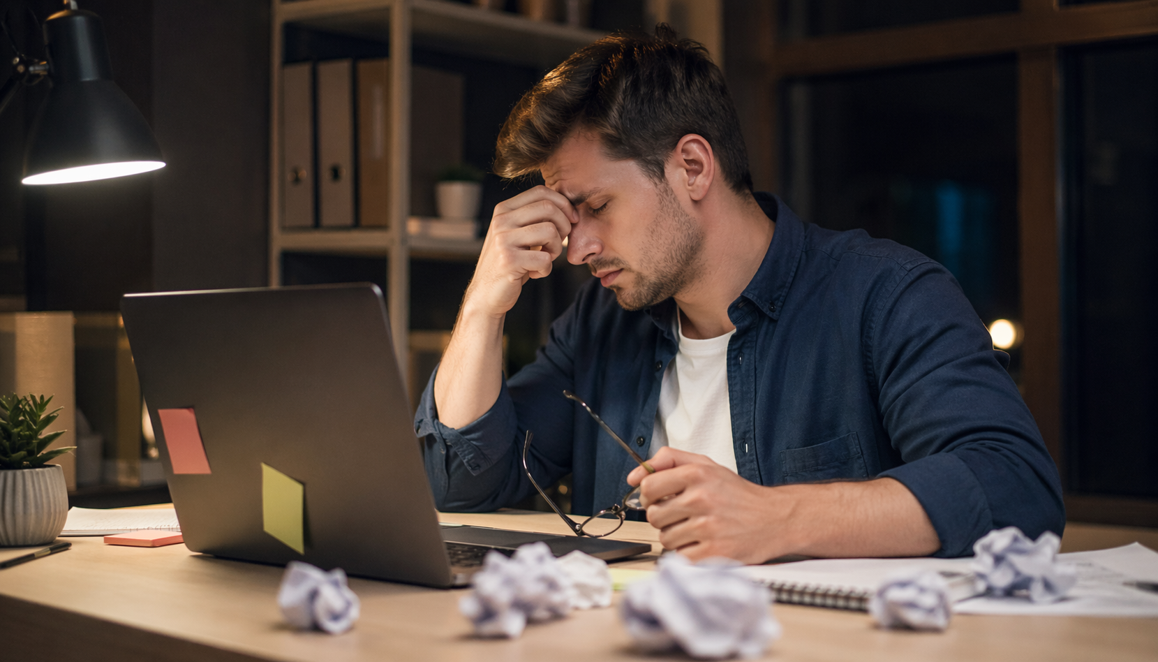 رجل يعمل ليلًا أمام حاسوب في مكتب منزلي يبدو عليه التوتر والإرهاق بسبب أخطاء تعيق تحقيق الربح من الإنترنت رغم اجتهاده