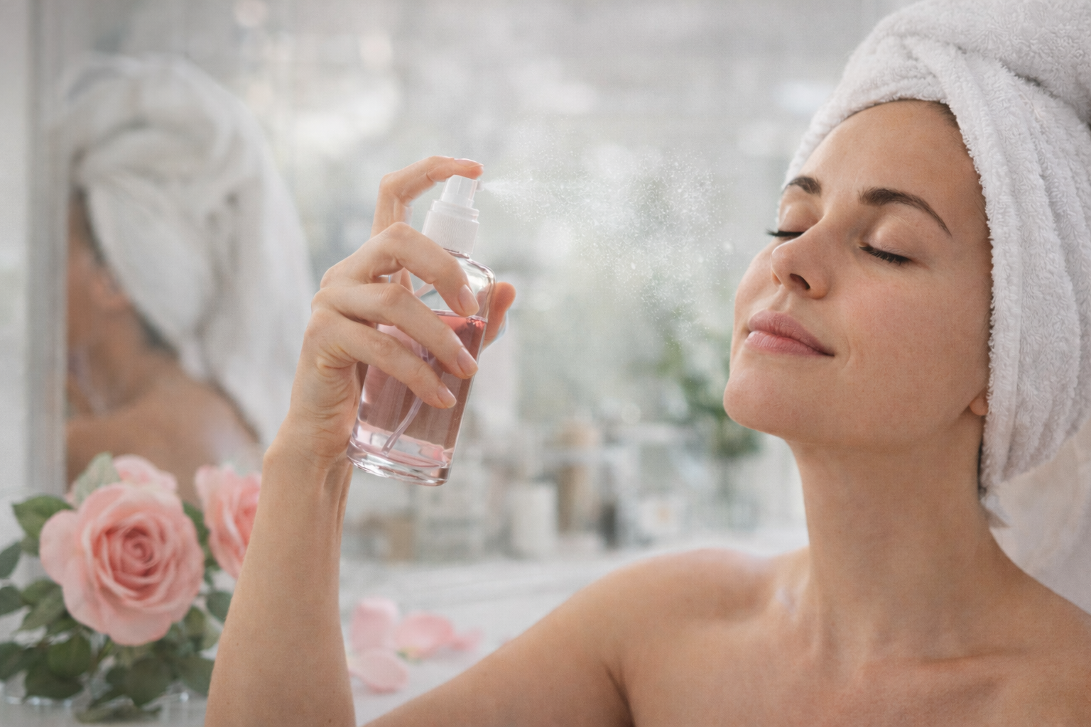 امرأة ترش ماء الورد على وجهها في لقطة واقعية هادئة داخل حمام مضيء، تعبر عن العناية بالبشرة والاستخدام الصحيح لماء الورد