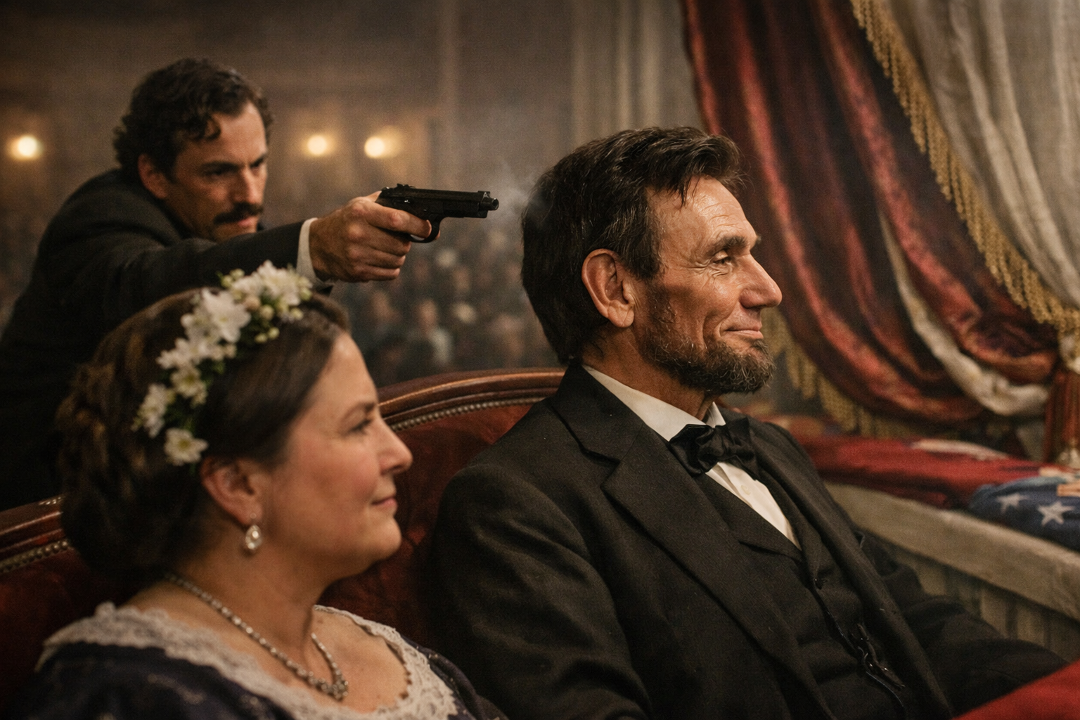 تصوير واقعي تاريخي للحظة اغتيال أبراهام لينكون داخل مقصورته في المسرح بأجواء درامية