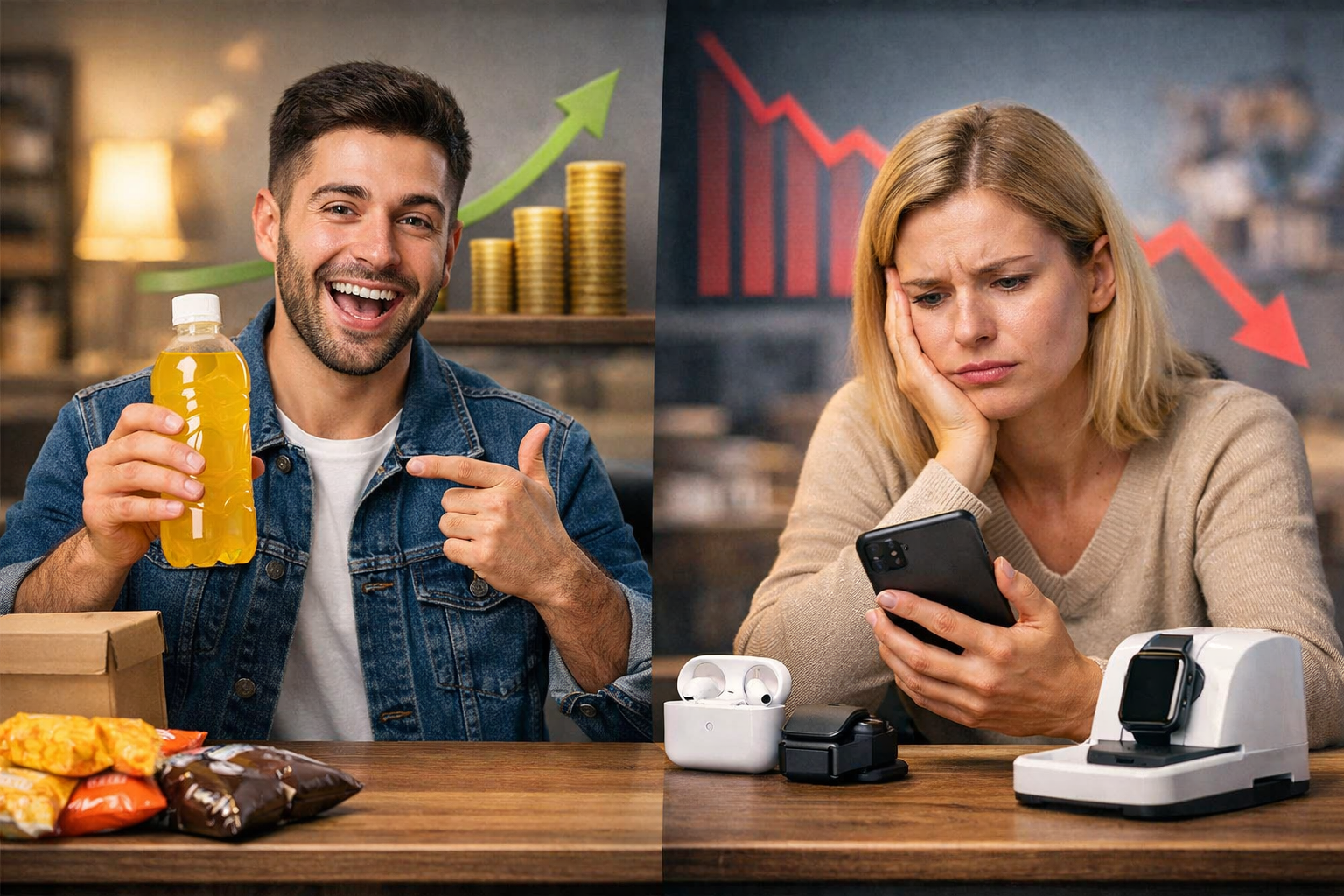 مشهد واقعي مقسوم بين منتج بسيط يحقق نجاحًا ومبيعات مرتفعة ومنتج أكثر تطورًا يواجه تراجعًا وضعف إقبال